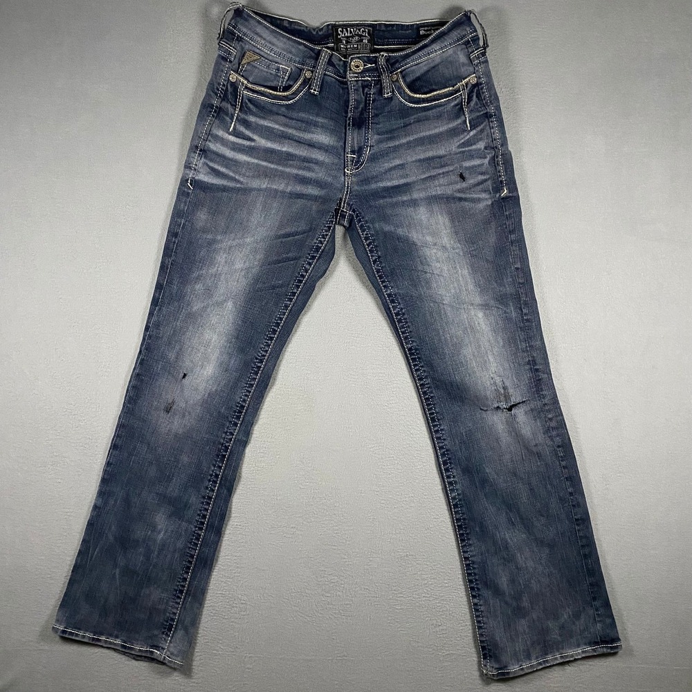 Salvage Mayhem Jeans Mens 30R 32L Regular Bootcut Distressed Heavy Stitch